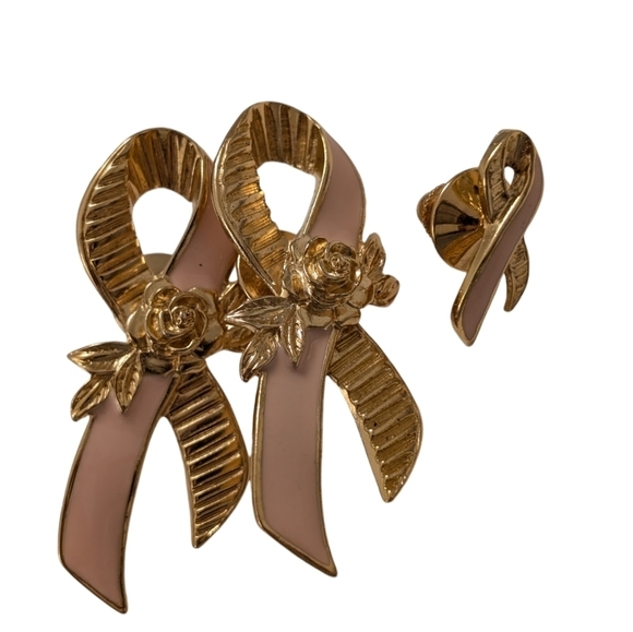 SURVIVOR Breast Cancer Pink Gold Ribbon Rose Pins 3PC Set - Picture 3 of 5